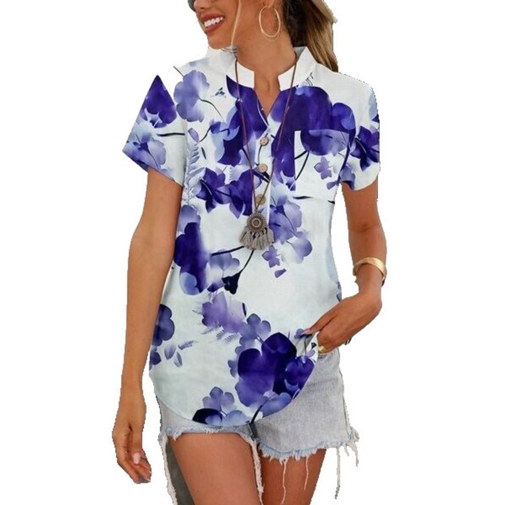 NXH White & Blue Floral Curved Hem Button Front Top Size XXL